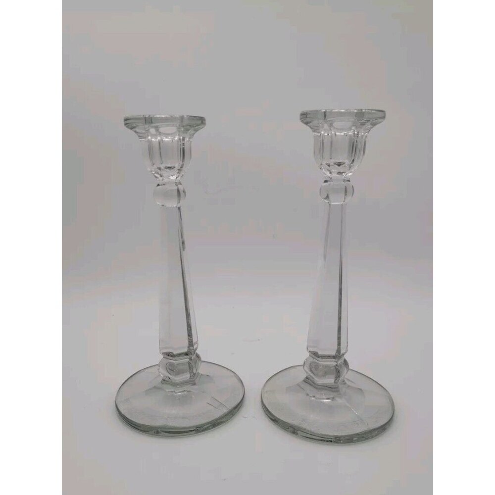 Vintage Cut Crystal and Etched Base Heisey Candlesticks 10 Inch With Diamond‎ H